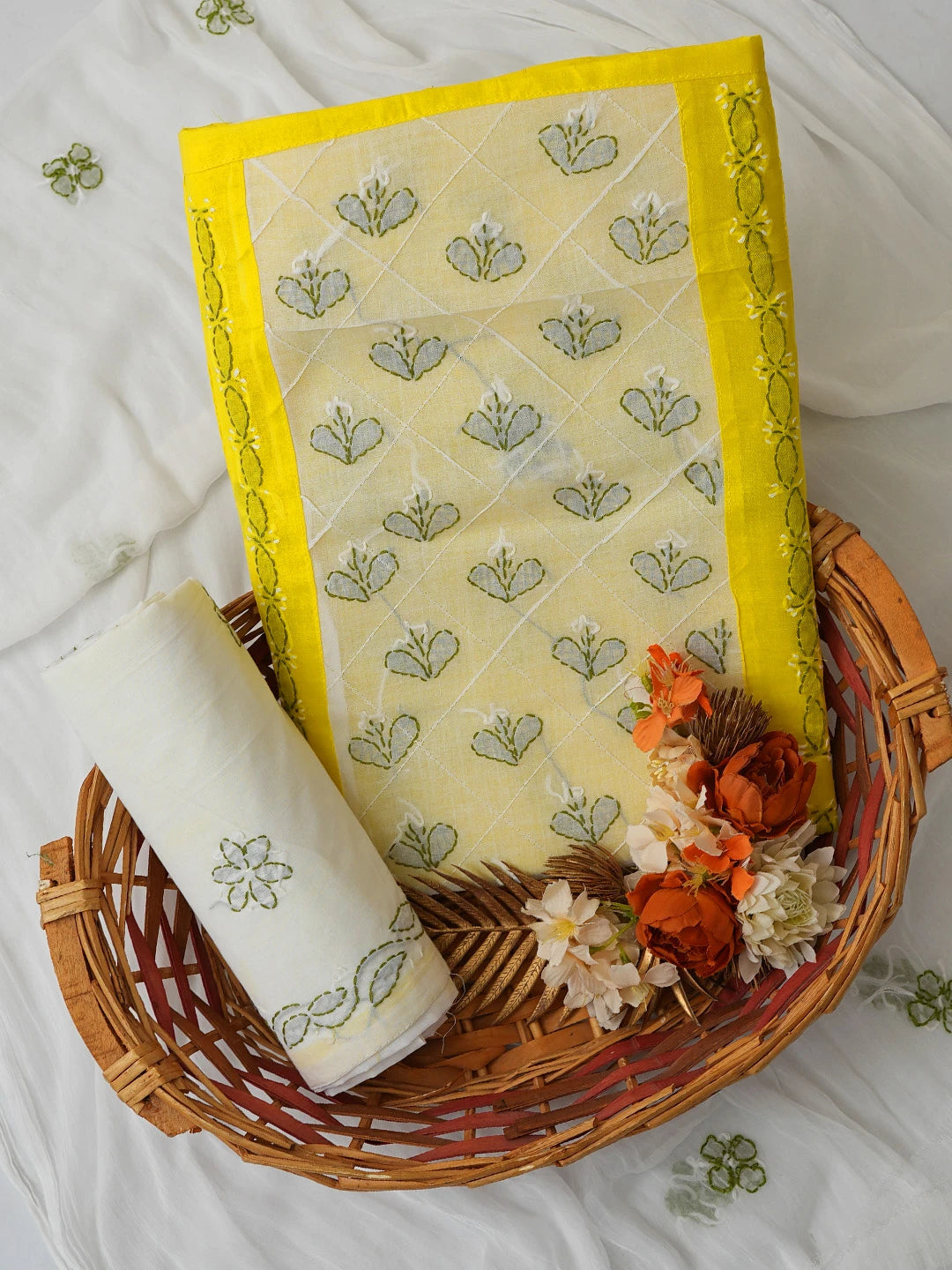 Ada Hand Embroidered Cream & Bright Yellow Cotton Lucknowi Chikankari Unstitched Suit Piece 01A680033