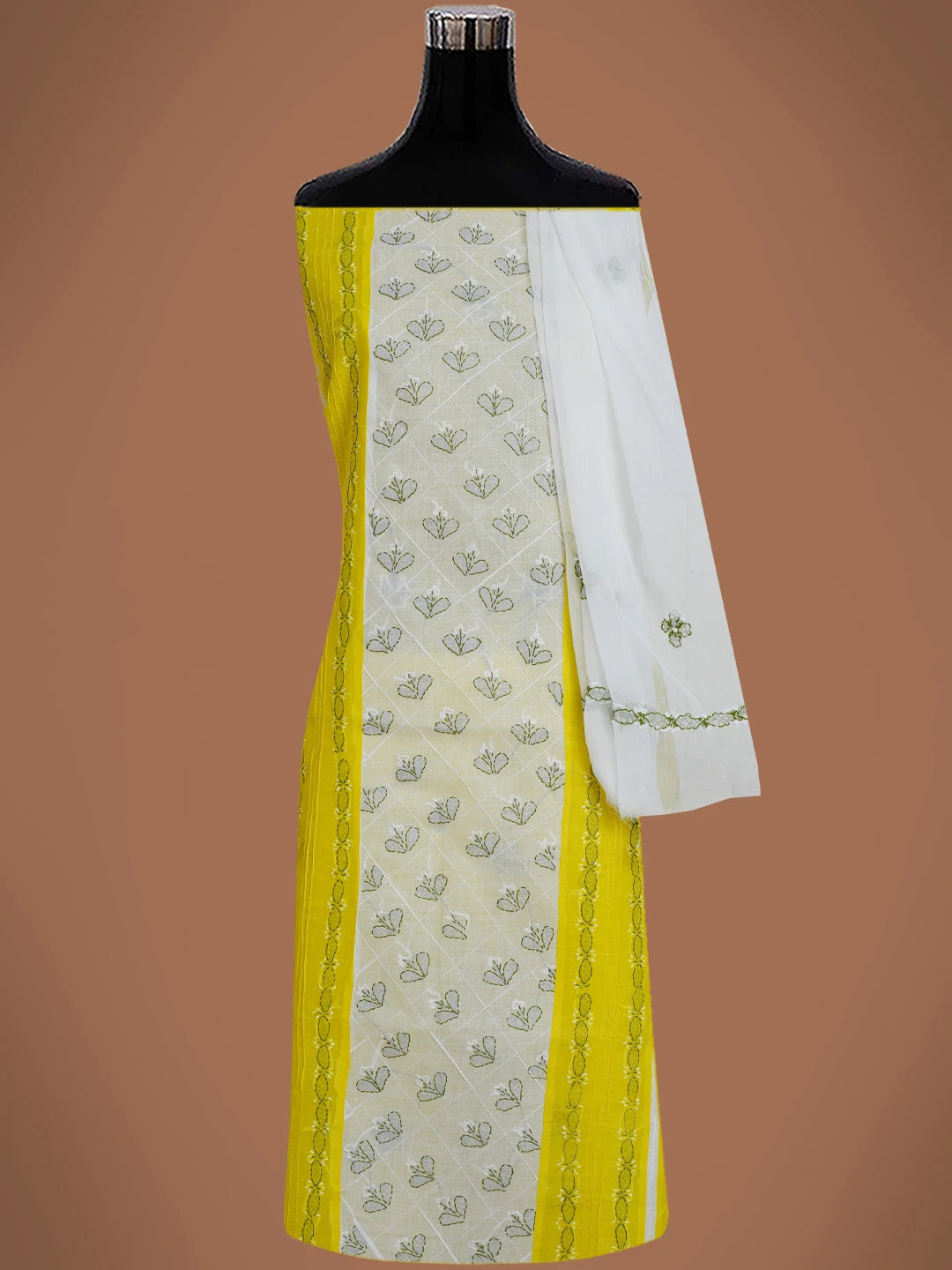 Ada Hand Embroidered Cream & Bright Yellow Cotton Lucknowi Chikankari Unstitched Suit Piece 01A680033