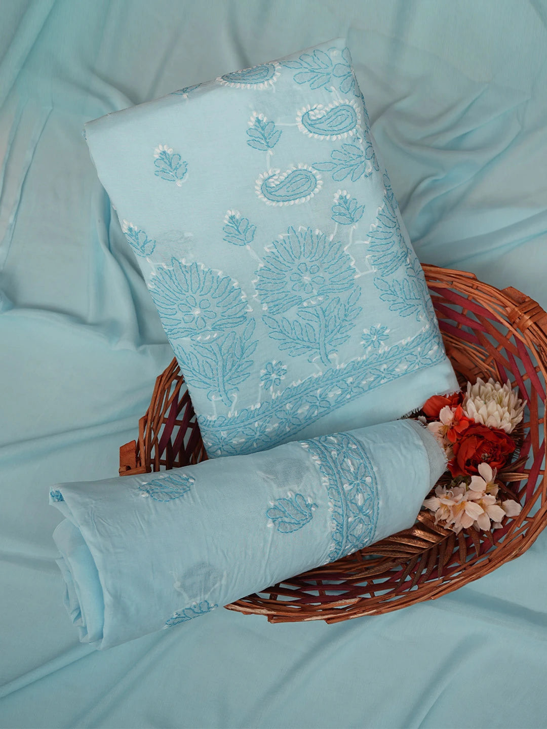 Ada Hand Embroidered Blue Cotton Lucknowi Chikankari Unstitched Suit Piece 01A713616