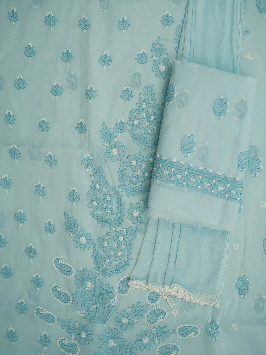 Ada Hand Embroidered Blue Cotton Lucknowi Chikankari Unstitched Suit Piece 01A713616