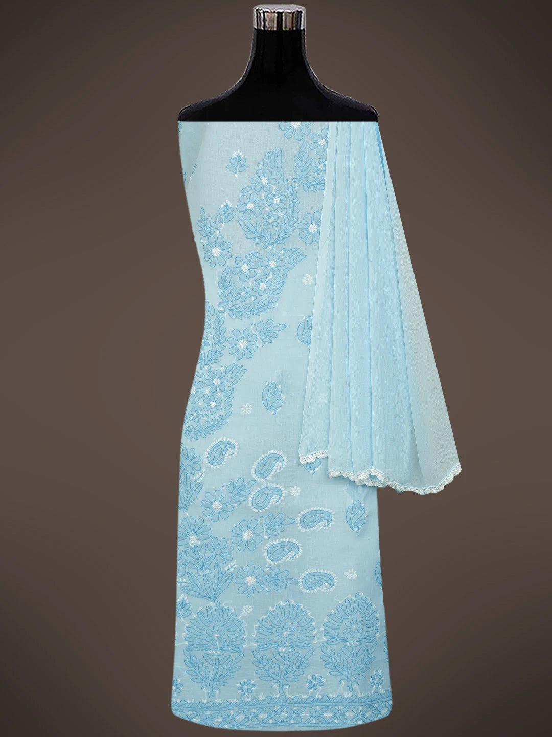 Ada Hand Embroidered Blue Cotton Lucknowi Chikankari Unstitched Suit Piece 01A713616