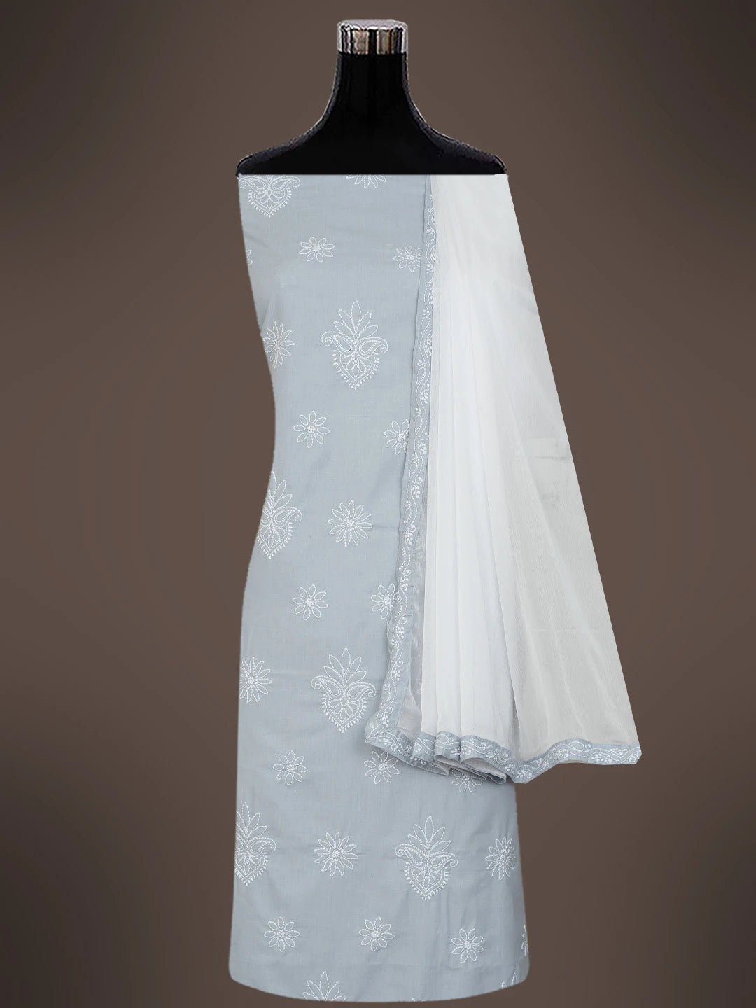 Ada Hand Embroidered Grey Cotton Lucknowi Chikankari Unstitched Suit Piece 01A710183