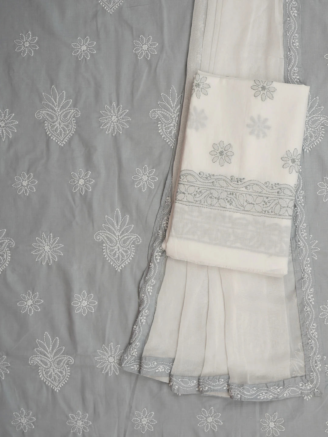Ada Hand Embroidered Grey Cotton Lucknowi Chikankari Unstitched Suit Piece 01A710183