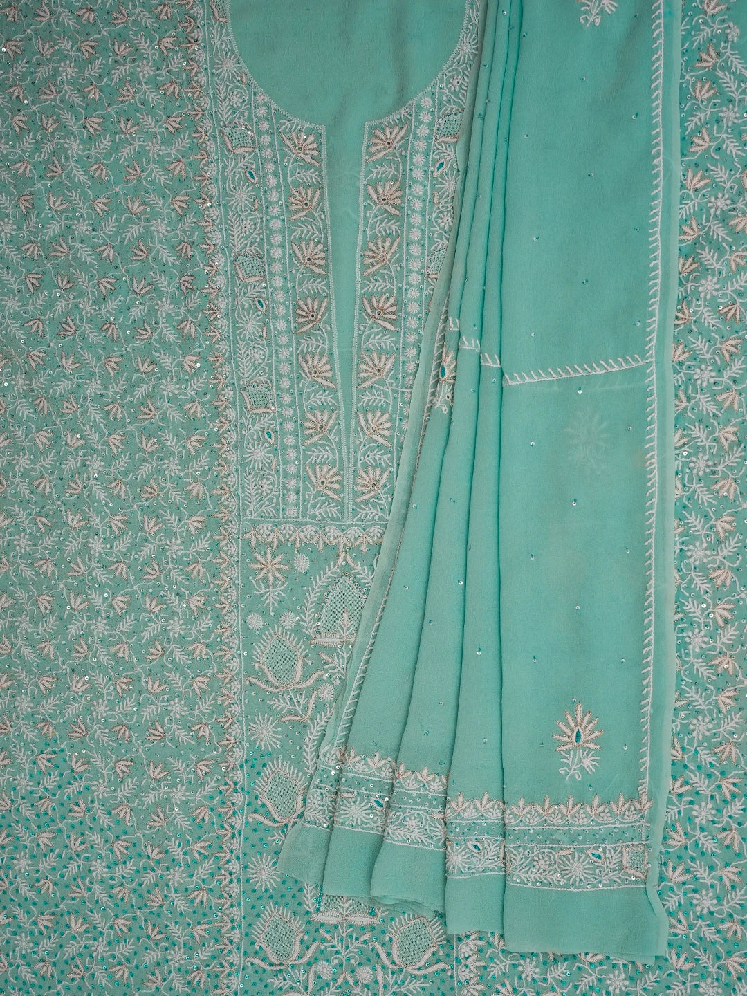 Ada Hand Embroidered Sky Blue Pure Georgette Lucknowi Chikankari Unstitched Kurta Dupatta Set With Sequinned Work 01A592305