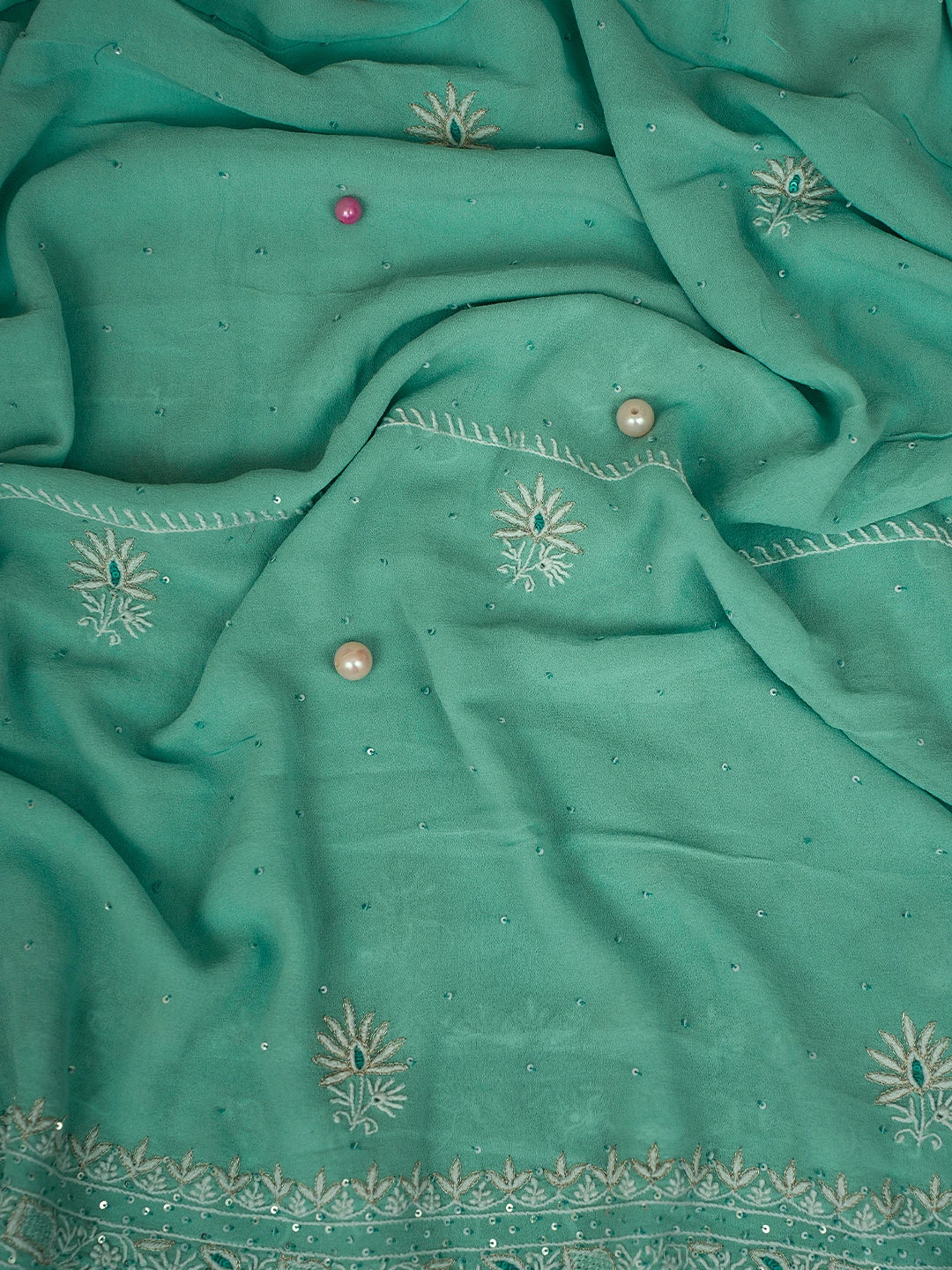 Ada Hand Embroidered Sky Blue Pure Georgette Lucknowi Chikankari Unstitched Kurta Dupatta Set With Sequinned Work 01A592305