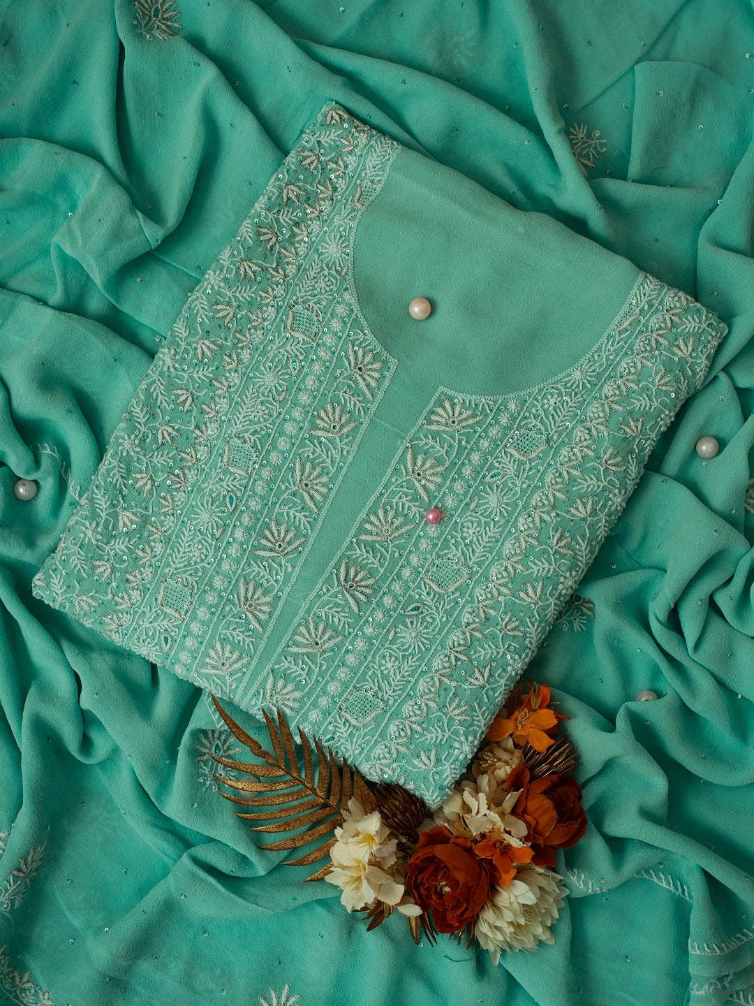 Ada Hand Embroidered Sky Blue Pure Georgette Lucknowi Chikankari Unstitched Kurta Dupatta Set With Sequinned Work 01A592305