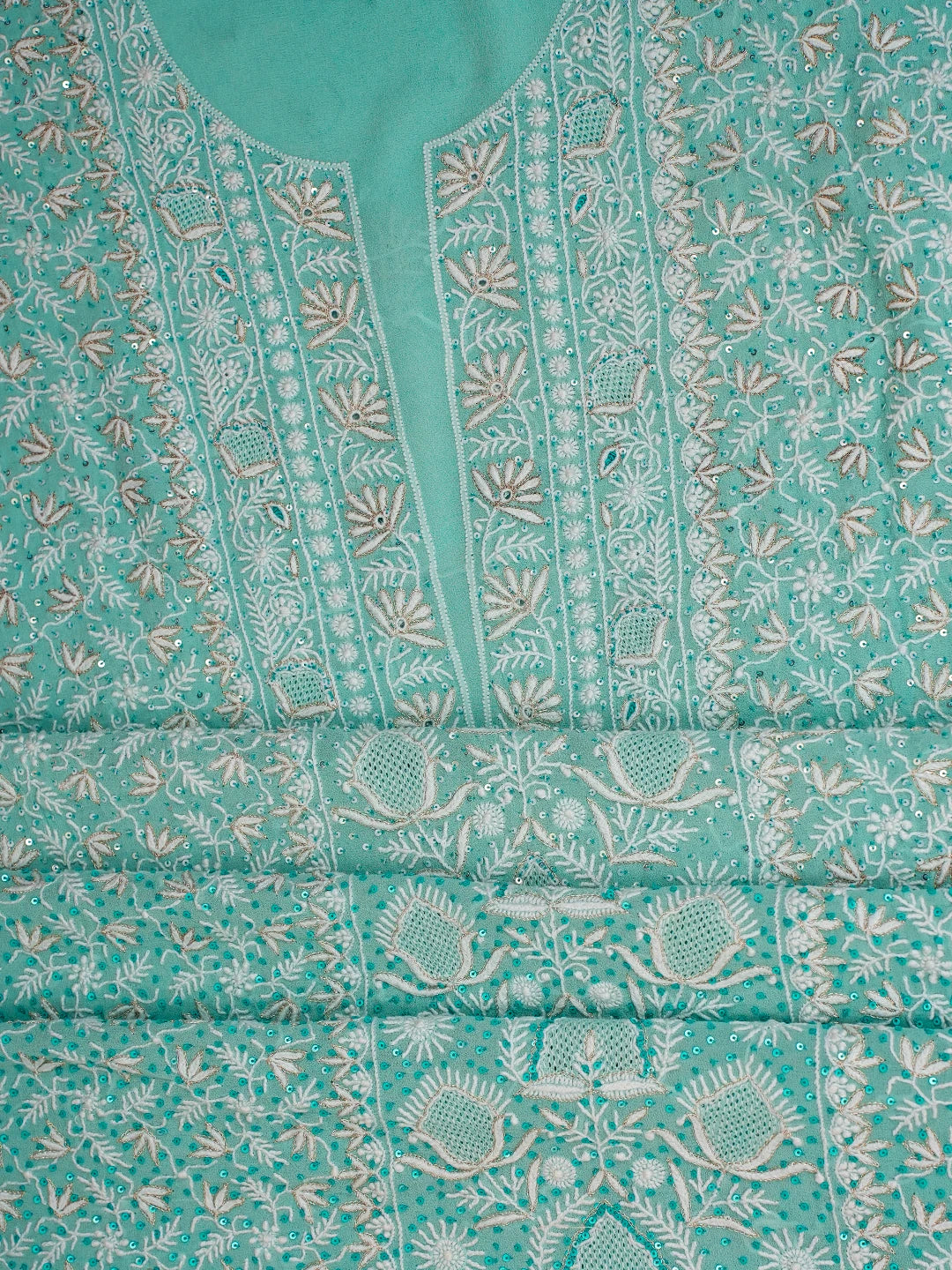Ada Hand Embroidered Sky Blue Pure Georgette Lucknowi Chikankari Unstitched Kurta Dupatta Set With Sequinned Work 01A592305