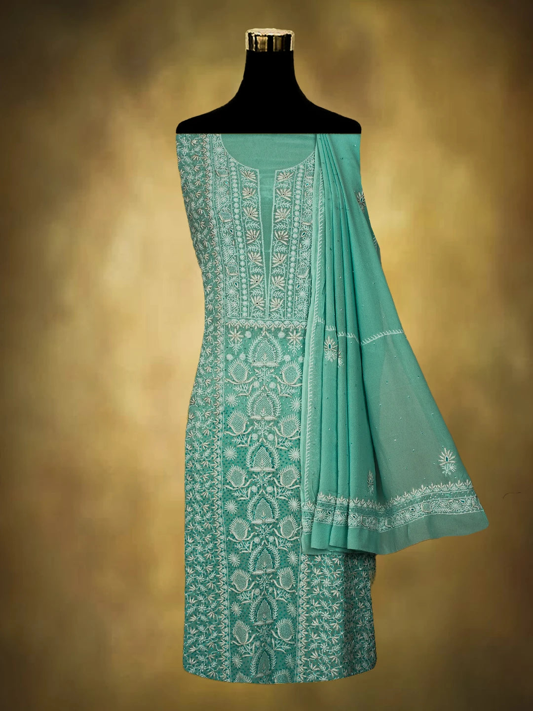 Ada Hand Embroidered Sky Blue Pure Georgette Lucknowi Chikankari Unstitched Kurta Dupatta Set With Sequinned Work 01A592305