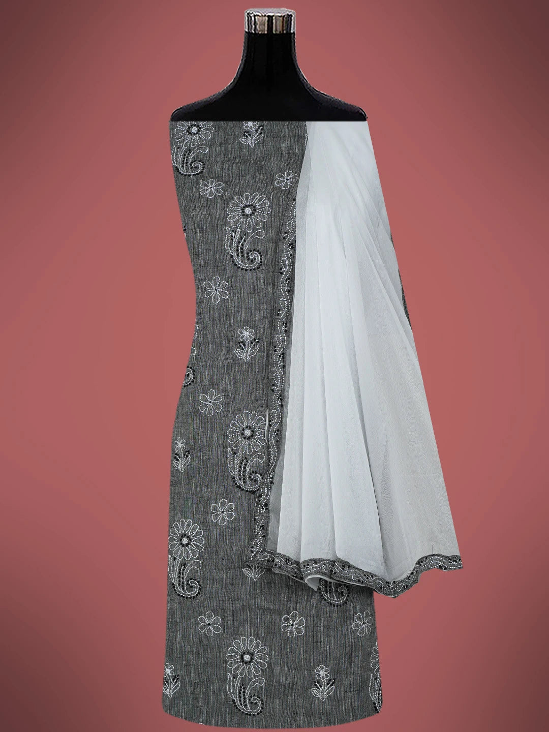 Ada Hand Embroidered Grey Linen Lucknowi Chikankari Unstitched Suit Piece 01A679069