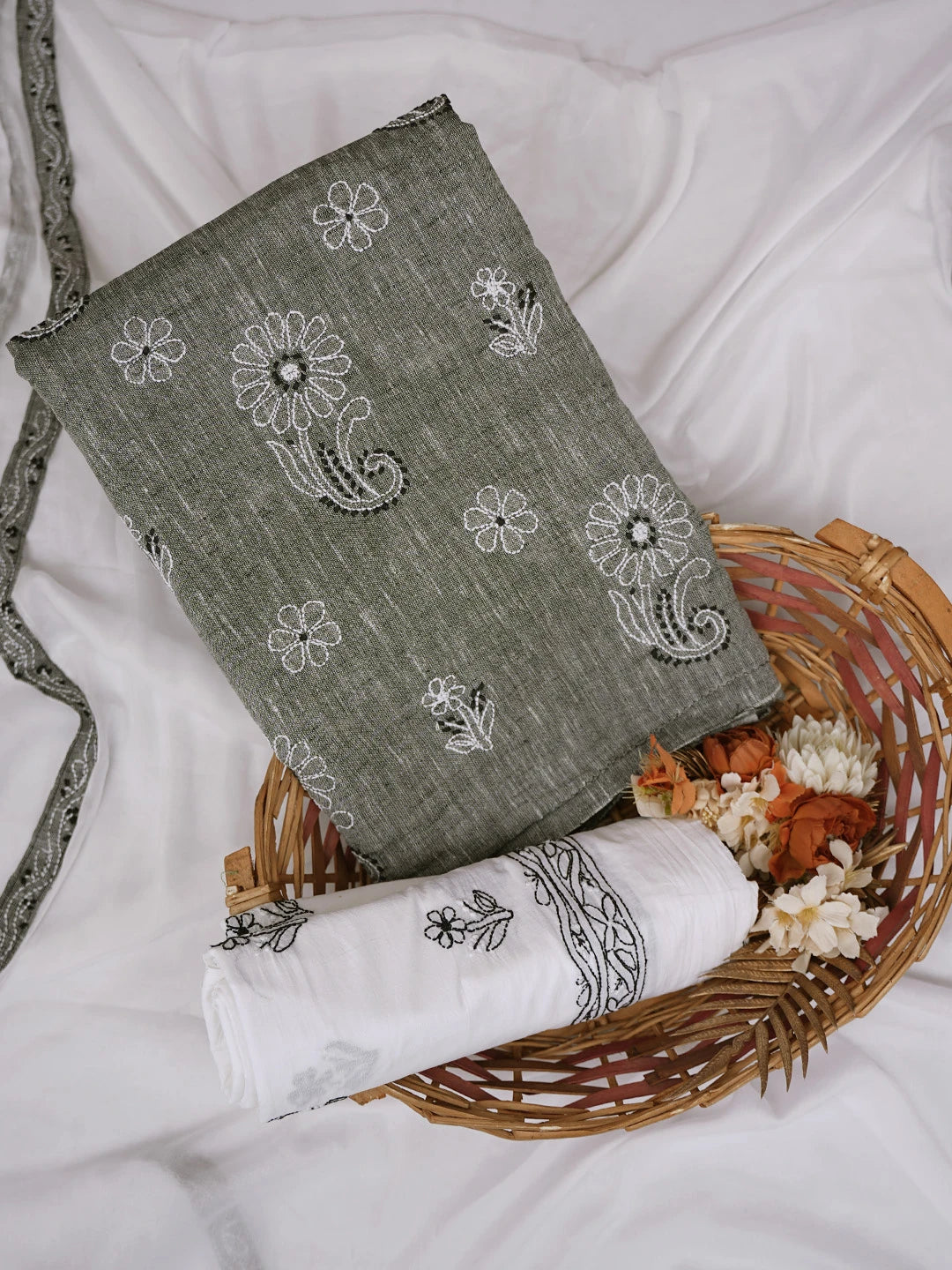 Ada Hand Embroidered Grey Linen Lucknowi Chikankari Unstitched Suit Piece 01A679069