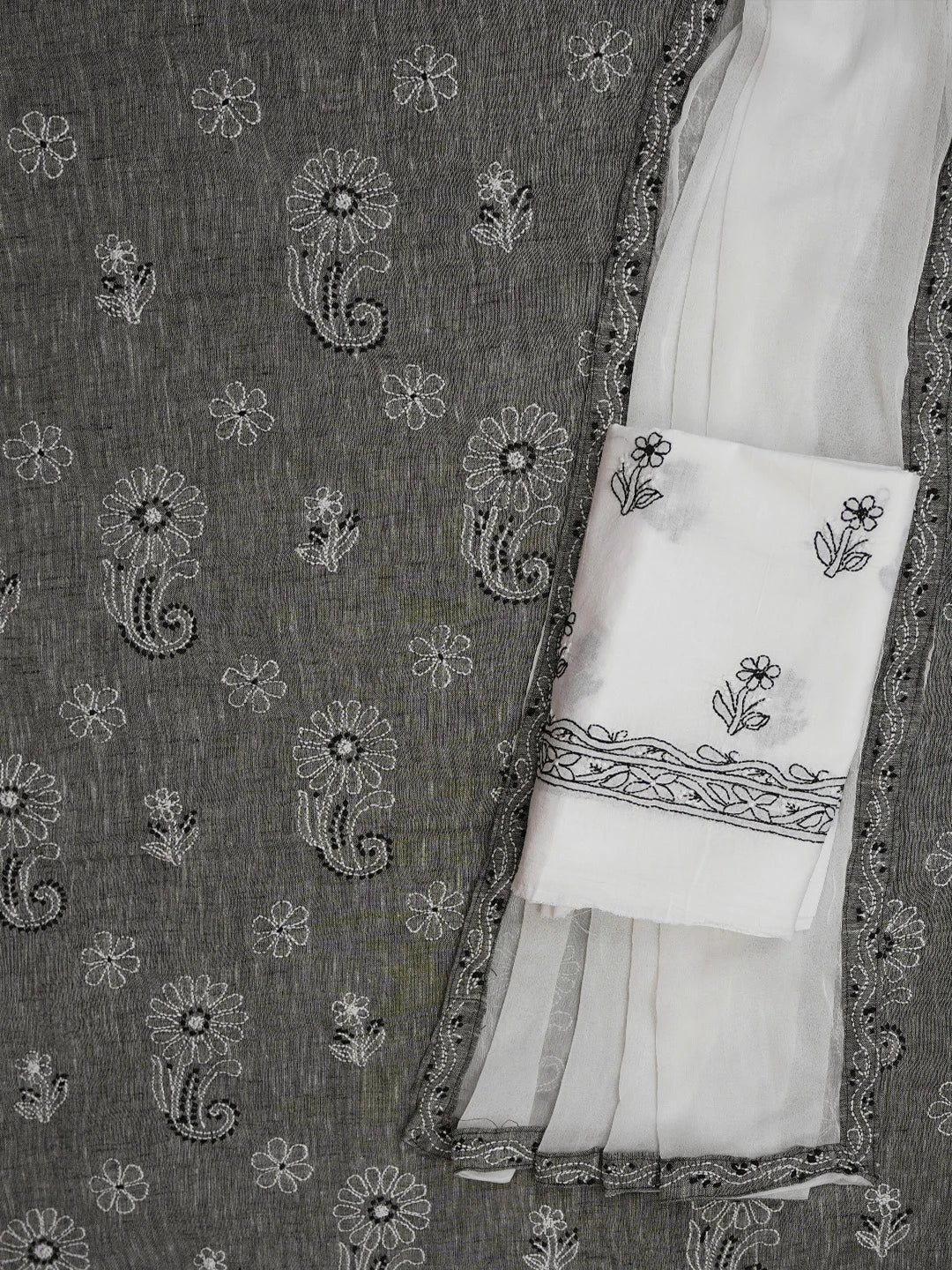 Ada Hand Embroidered Grey Linen Lucknowi Chikankari Unstitched Suit Piece 01A679069