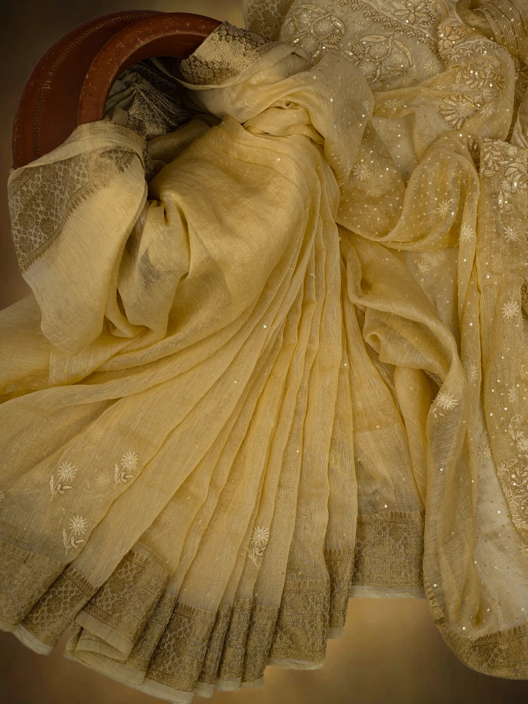 Ada Hand Embroidered Fawn Chanderi Lucknowi Chikankari Saree and Blouse With Sequinned Work 01A695783