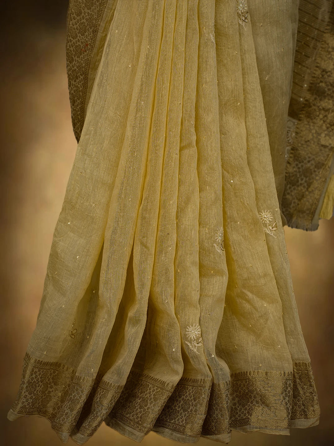 Ada Hand Embroidered Fawn Chanderi Lucknowi Chikankari Saree and Blouse With Sequinned Work 01A695783