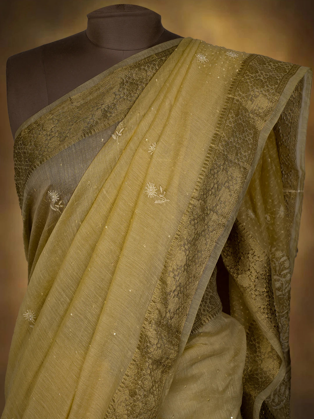 Ada Hand Embroidered Fawn Chanderi Lucknowi Chikankari Saree and Blouse With Sequinned Work 01A695783