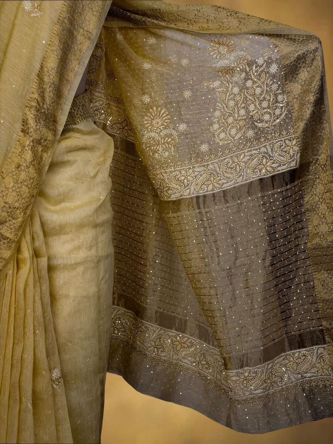 Ada Hand Embroidered Fawn Chanderi Lucknowi Chikankari Saree and Blouse With Sequinned Work 01A695783