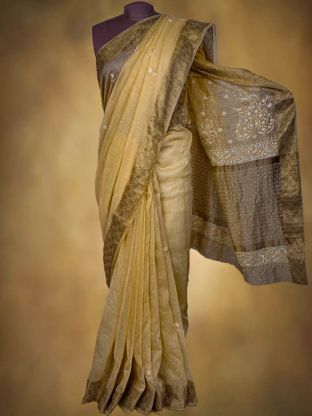 Ada Hand Embroidered Fawn Chanderi Lucknowi Chikankari Saree and Blouse With Sequinned Work 01A695783