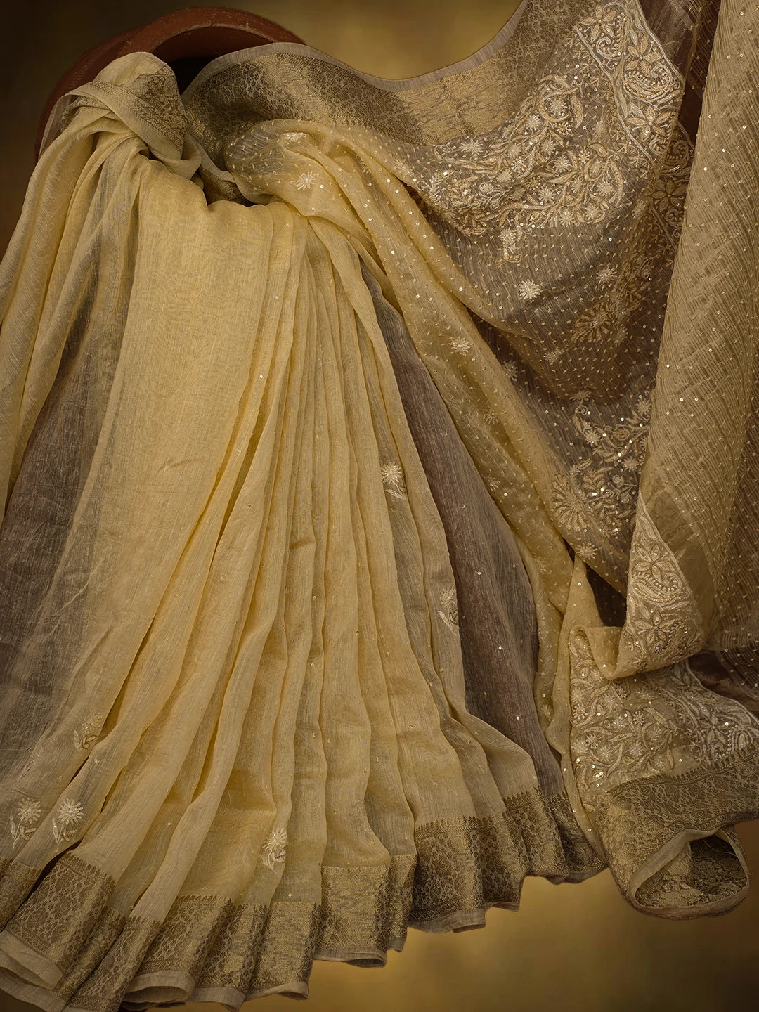 Ada Hand Embroidered Fawn Chanderi Lucknowi Chikankari Saree and Blouse With Sequinned Work 01A695783