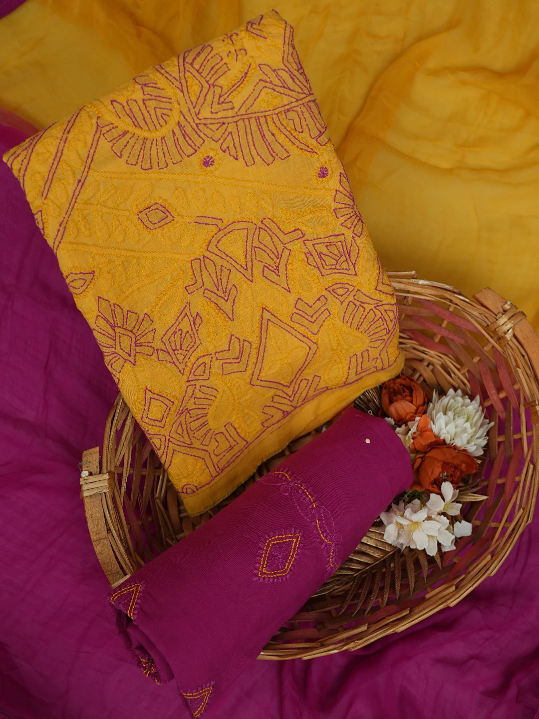 Ada Hand Embroidered Mustard Cotton Lucknowi Chikankari Unstitched Suit Piece 01A373543