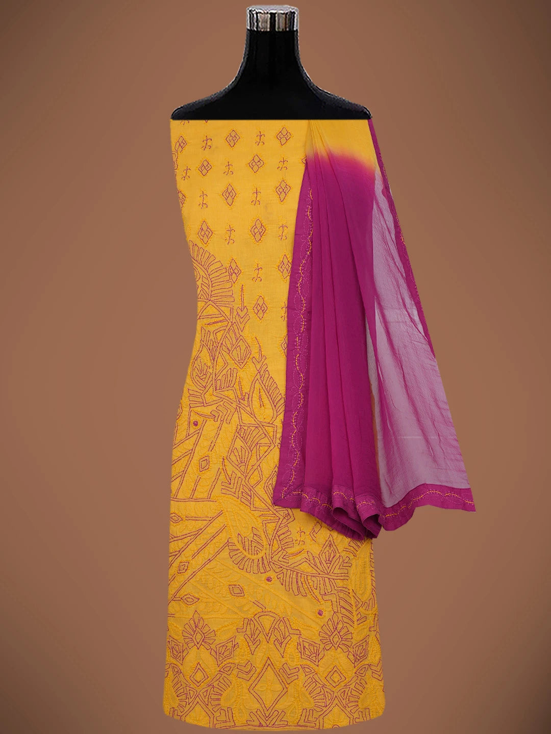 Ada Hand Embroidered Mustard Cotton Lucknowi Chikankari Unstitched Suit Piece 01A373543