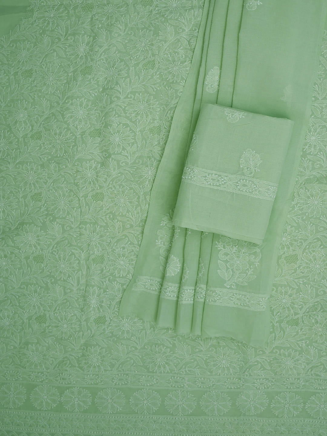 Ada Hand Embroidered Pista Green Cotton Lucknowi Chikankari Unstitched Suit Piece 01A723905