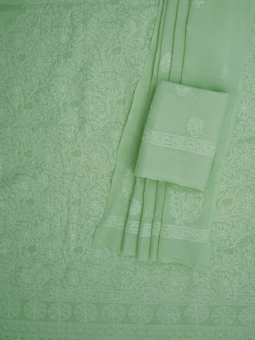 Ada Hand Embroidered Pista Green Cotton Lucknowi Chikankari Unstitched Suit Piece 01A723905