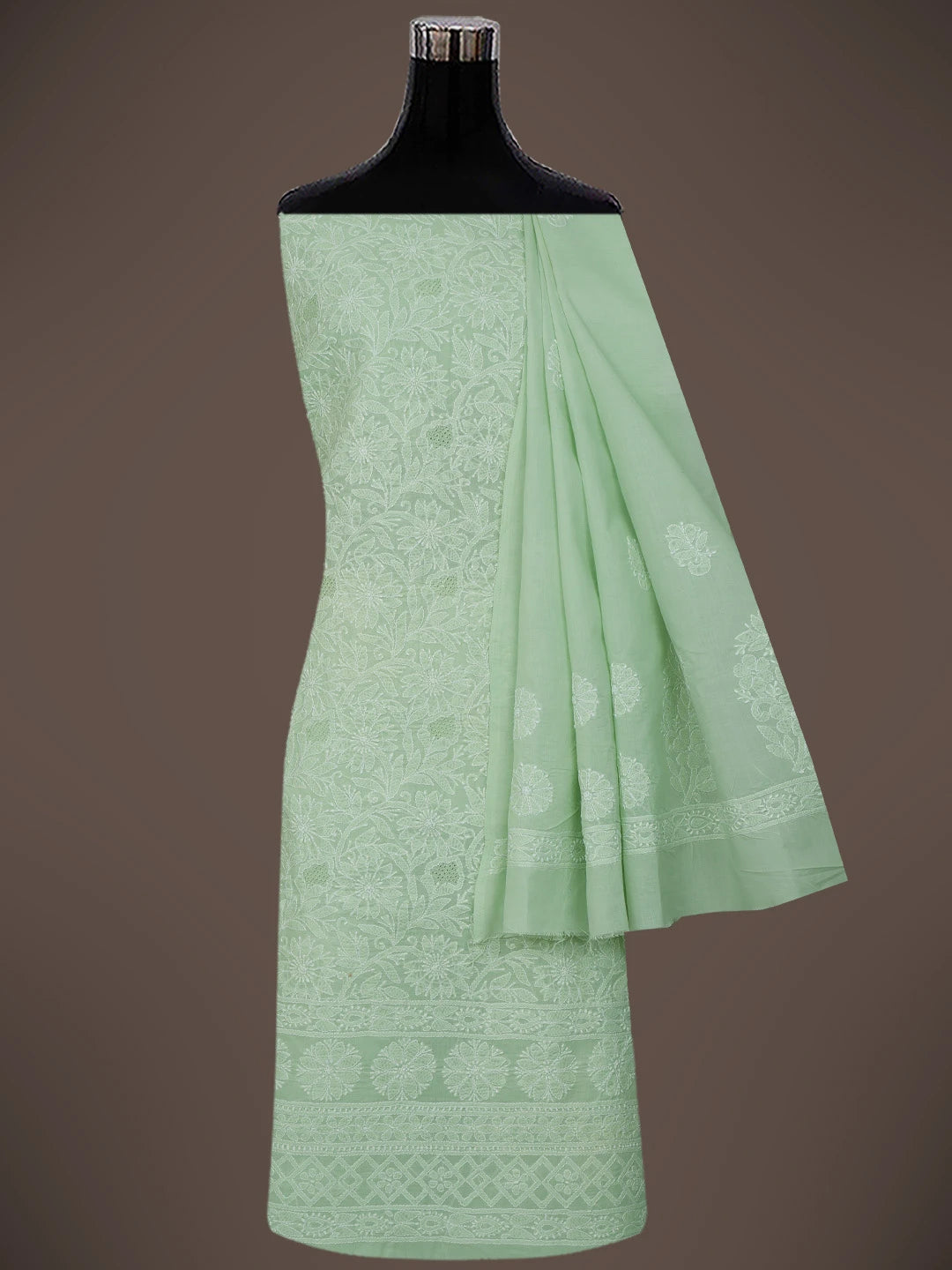 Ada Hand Embroidered Pista Green Cotton Lucknowi Chikankari Unstitched Suit Piece 01A723905