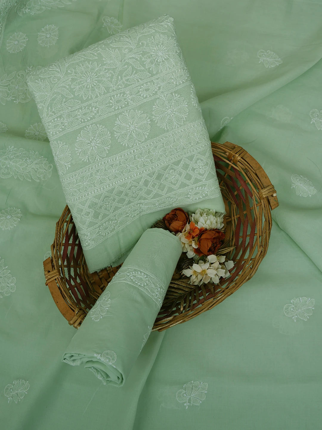 Ada Hand Embroidered Pista Green Cotton Lucknowi Chikankari Unstitched Suit Piece 01A723905