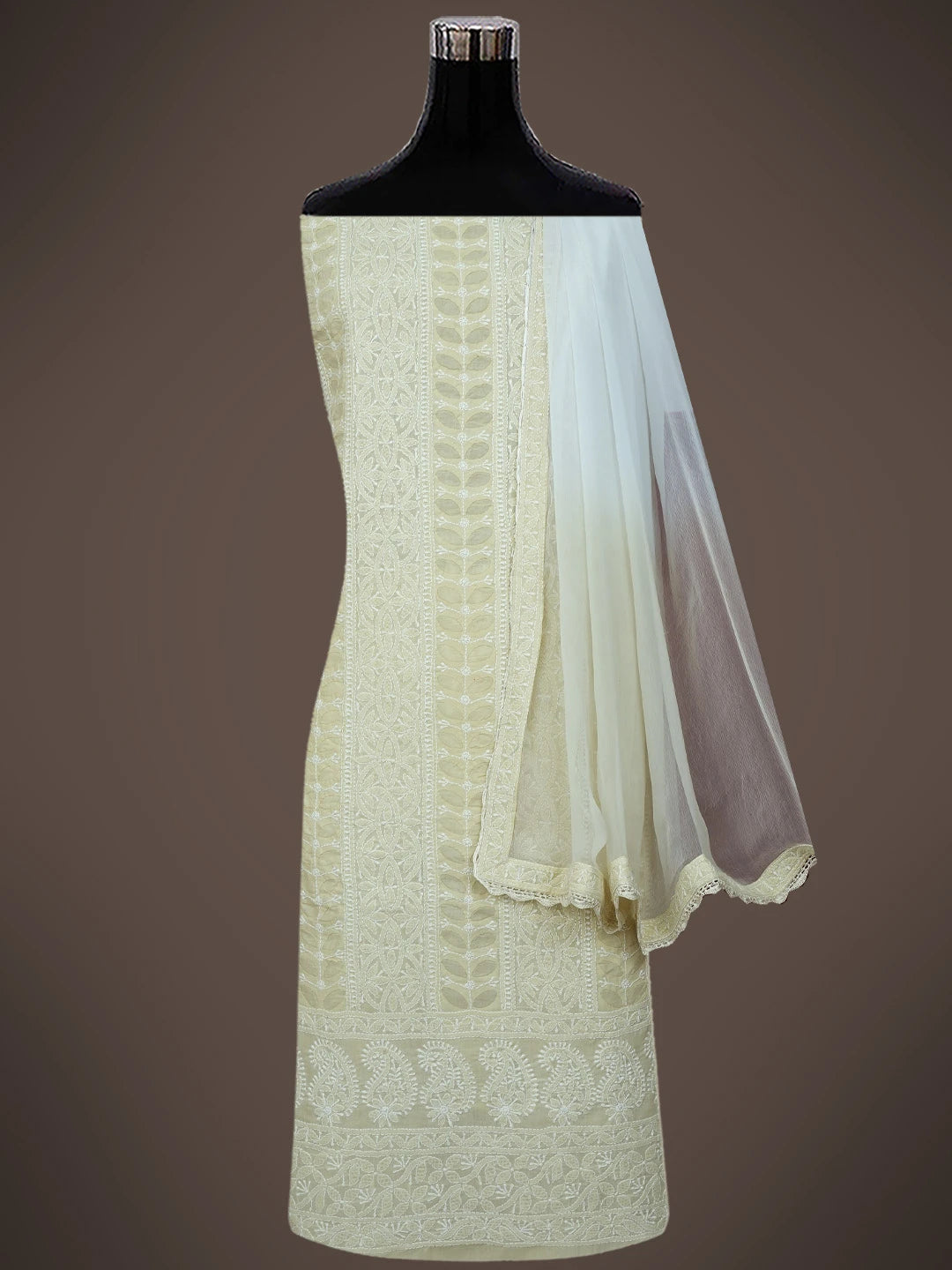 Ada Hand Embroidered Beige Cotton Lucknowi Chikankari Unstitched Suit Piece 01A723990