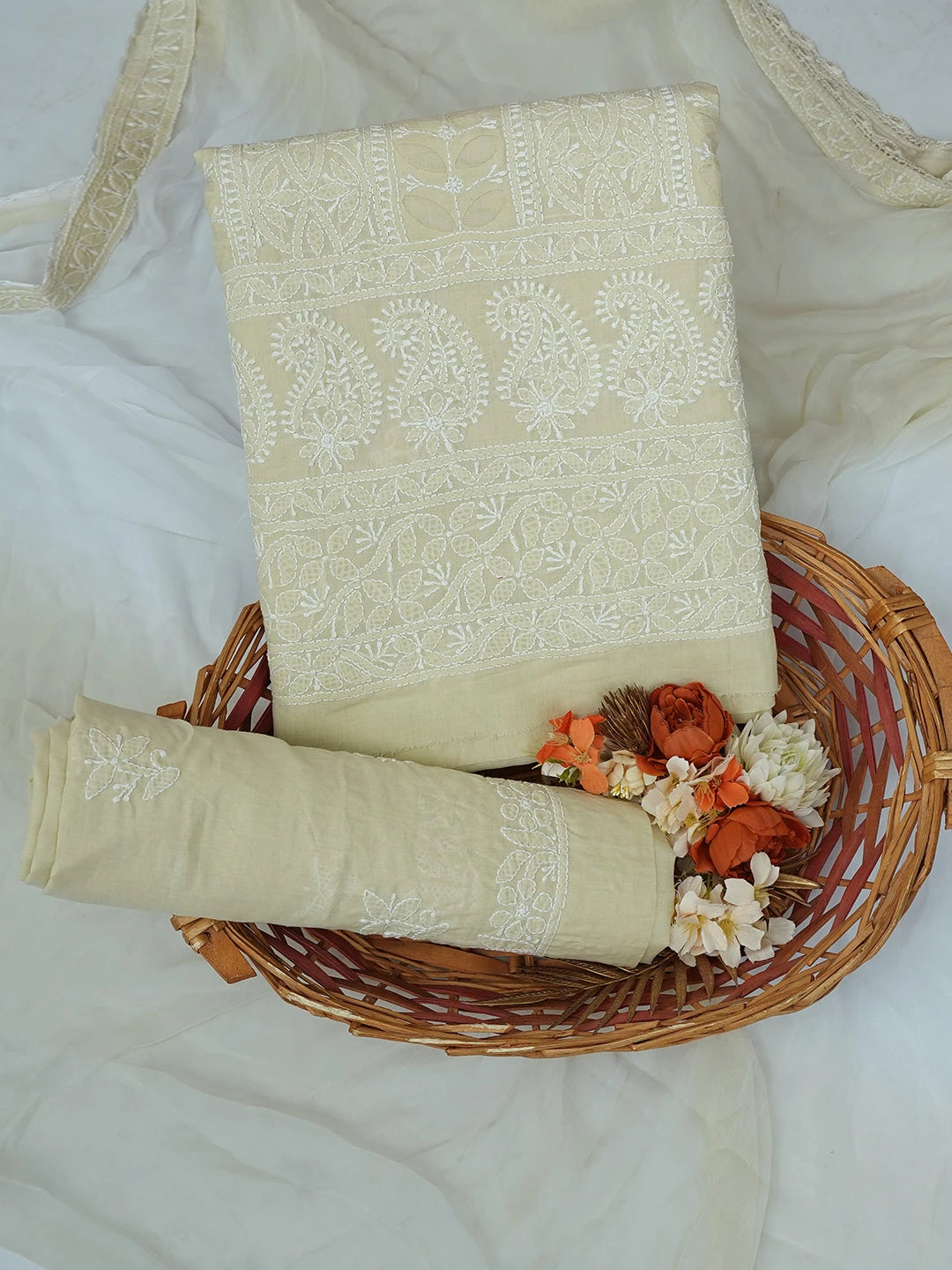 Ada Hand Embroidered Beige Cotton Lucknowi Chikankari Unstitched Suit Piece 01A723990
