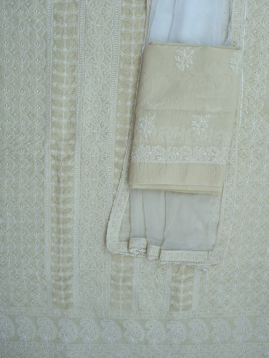 Ada Hand Embroidered Beige Cotton Lucknowi Chikankari Unstitched Suit Piece 01A723990
