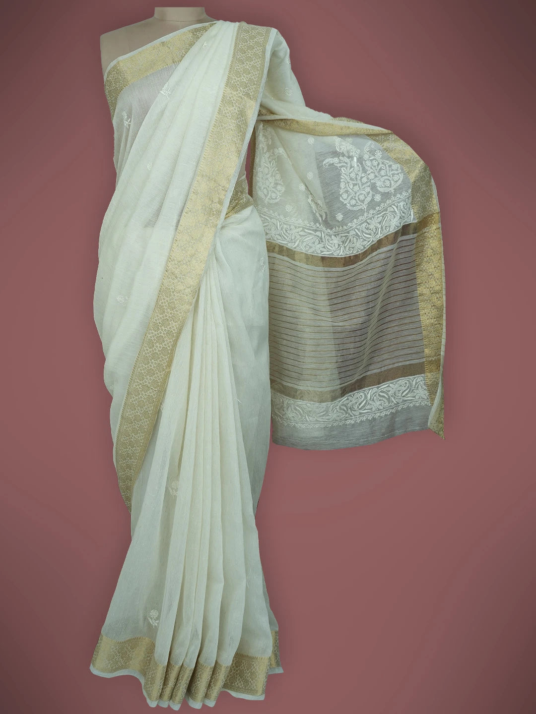 Ada Hand Embroidered Off White Chanderi Lucknowi Chikankari Saree and Blouse 01A727518