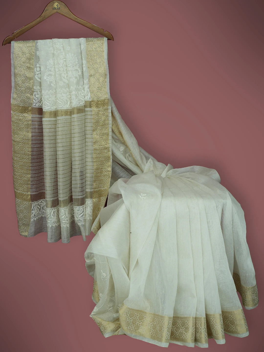 Ada Hand Embroidered Off White Chanderi Lucknowi Chikankari Saree and Blouse 01A727518