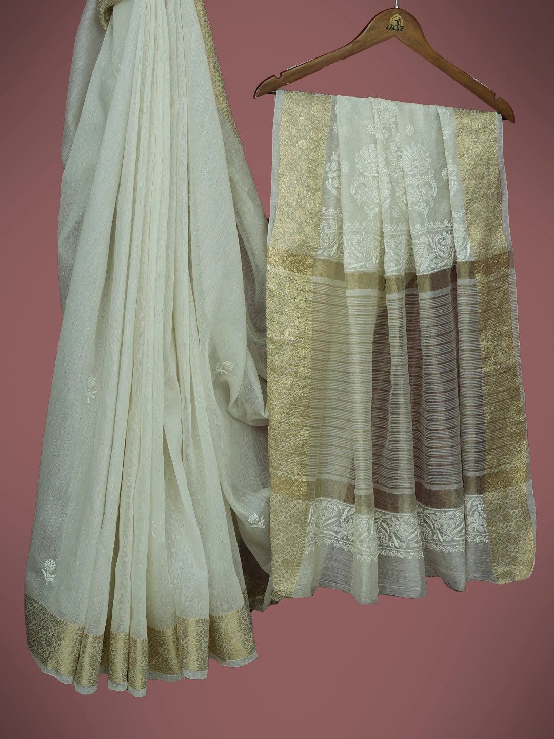 Ada Hand Embroidered Off White Chanderi Lucknowi Chikankari Saree and Blouse 01A727518