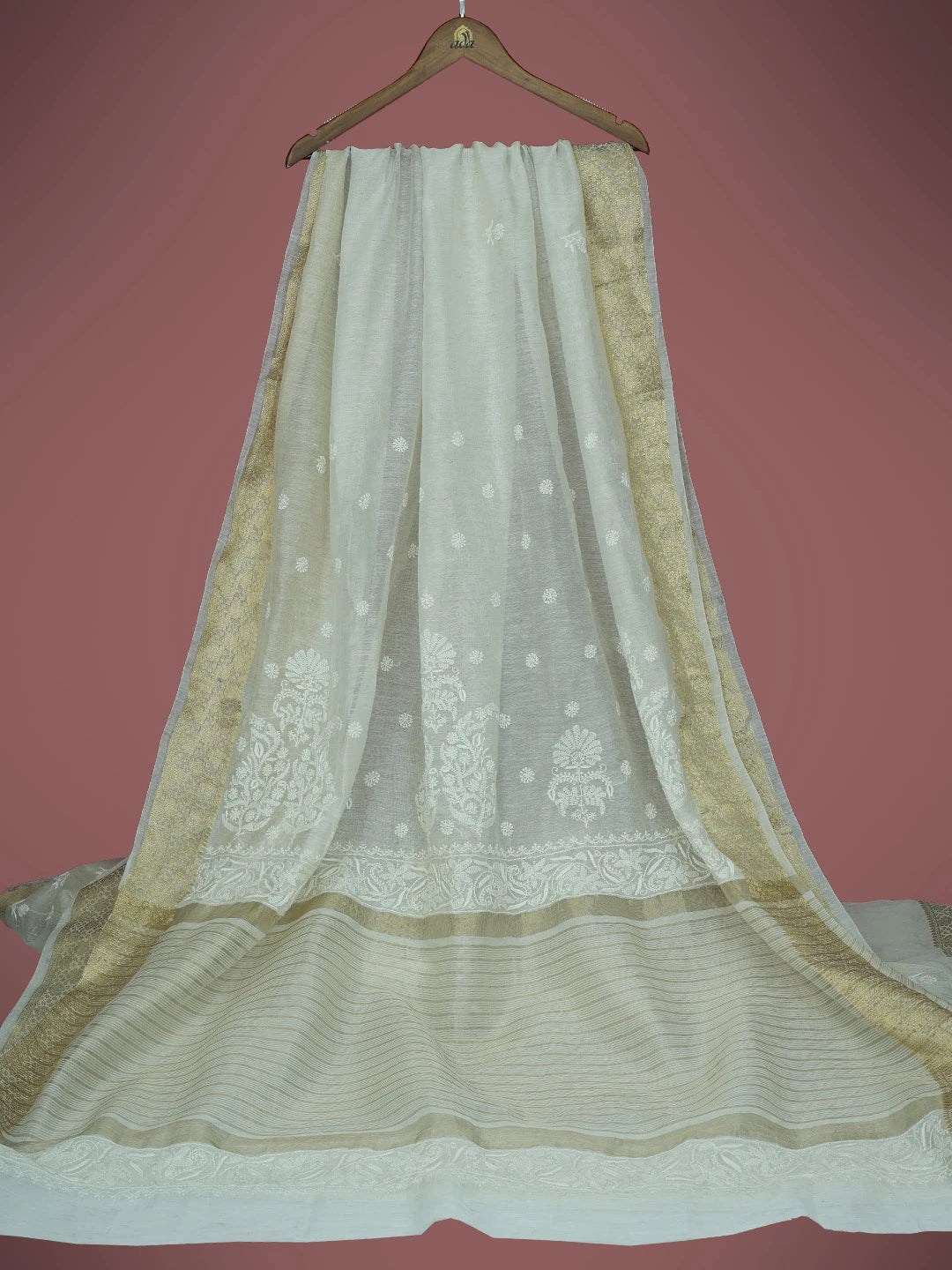 Ada Hand Embroidered Off White Chanderi Lucknowi Chikankari Saree and Blouse 01A727518