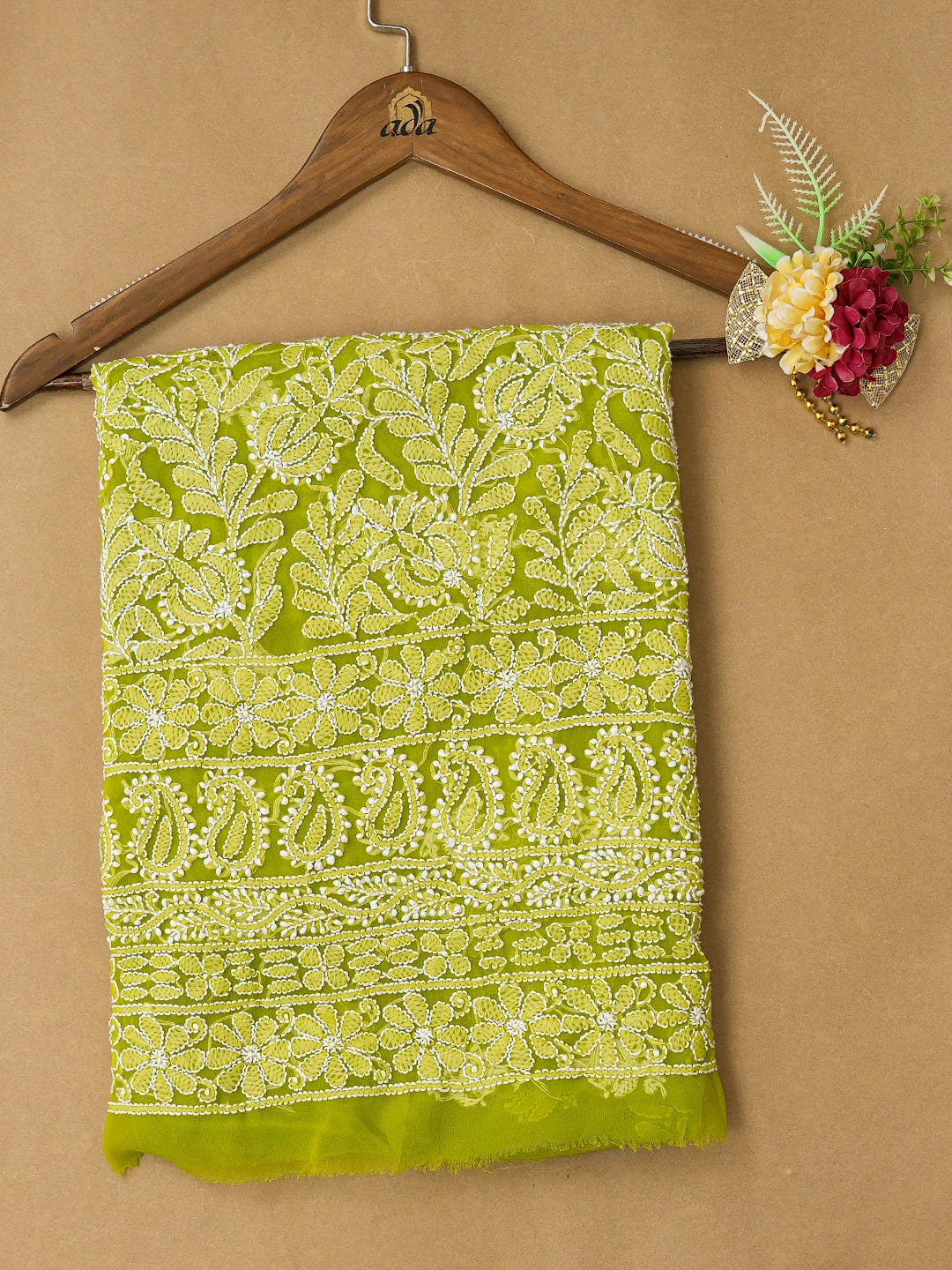 Ada Hand Embroidered Green Georgette Lucknowi Chikankari Unstitched Kurta Piece 01A678533