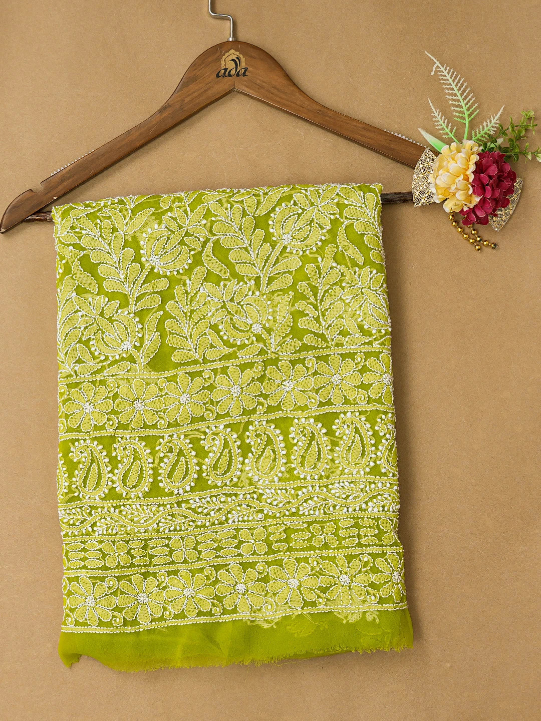 Ada Hand Embroidered Green Georgette Lucknowi Chikankari Unstitched Kurta Piece 01A678533