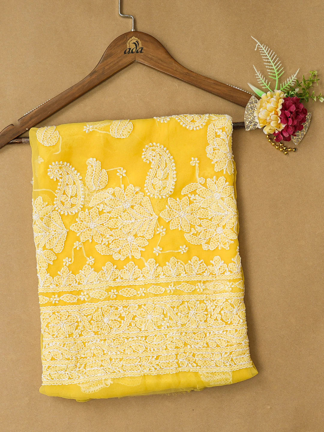 Ada Hand Embroidered Yellow Georgette Lucknowi Chikankari Unstitched Kurta Piece 01A678665