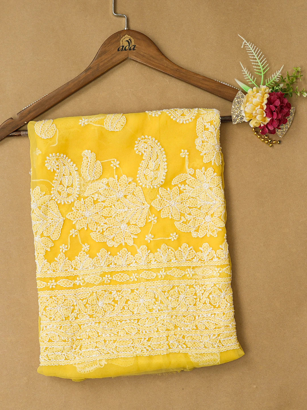 Ada Hand Embroidered Yellow Georgette Lucknowi Chikankari Unstitched Kurta Piece 01A678665
