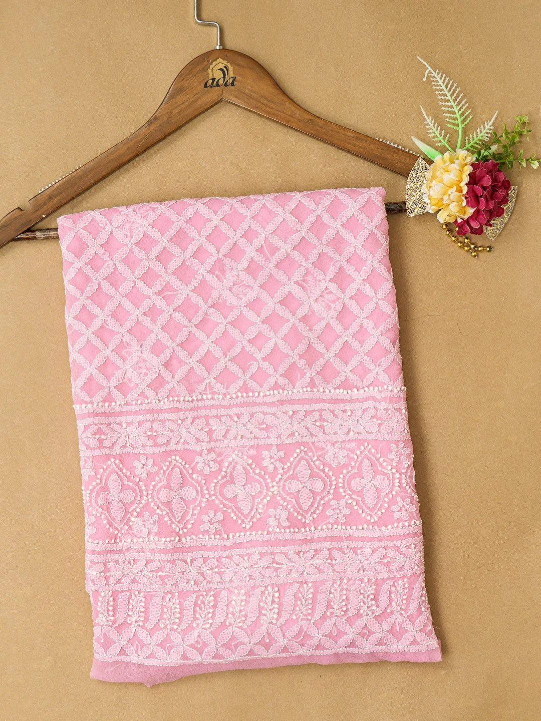 Ada Hand Embroidered Pink Georgette Lucknowi Chikankari Unstitched Kurta Piece 01A715921