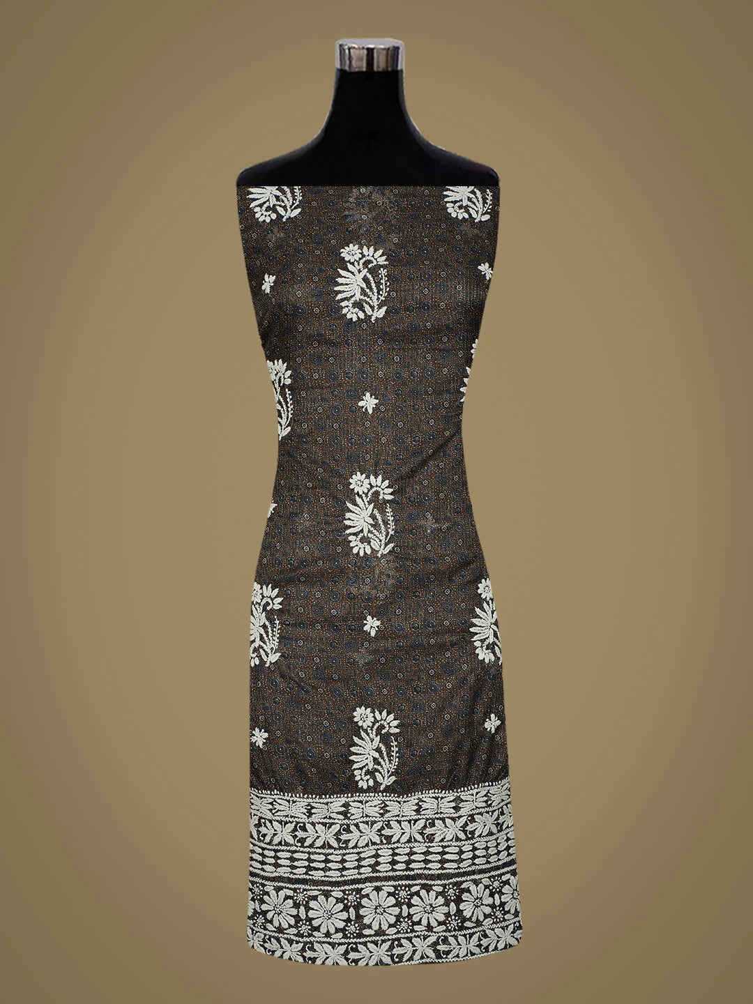 Ada Hand Embroidered Drab Dark Brown Kota Lucknowi Chikankari Unstitched Kurta Piece 01A409902