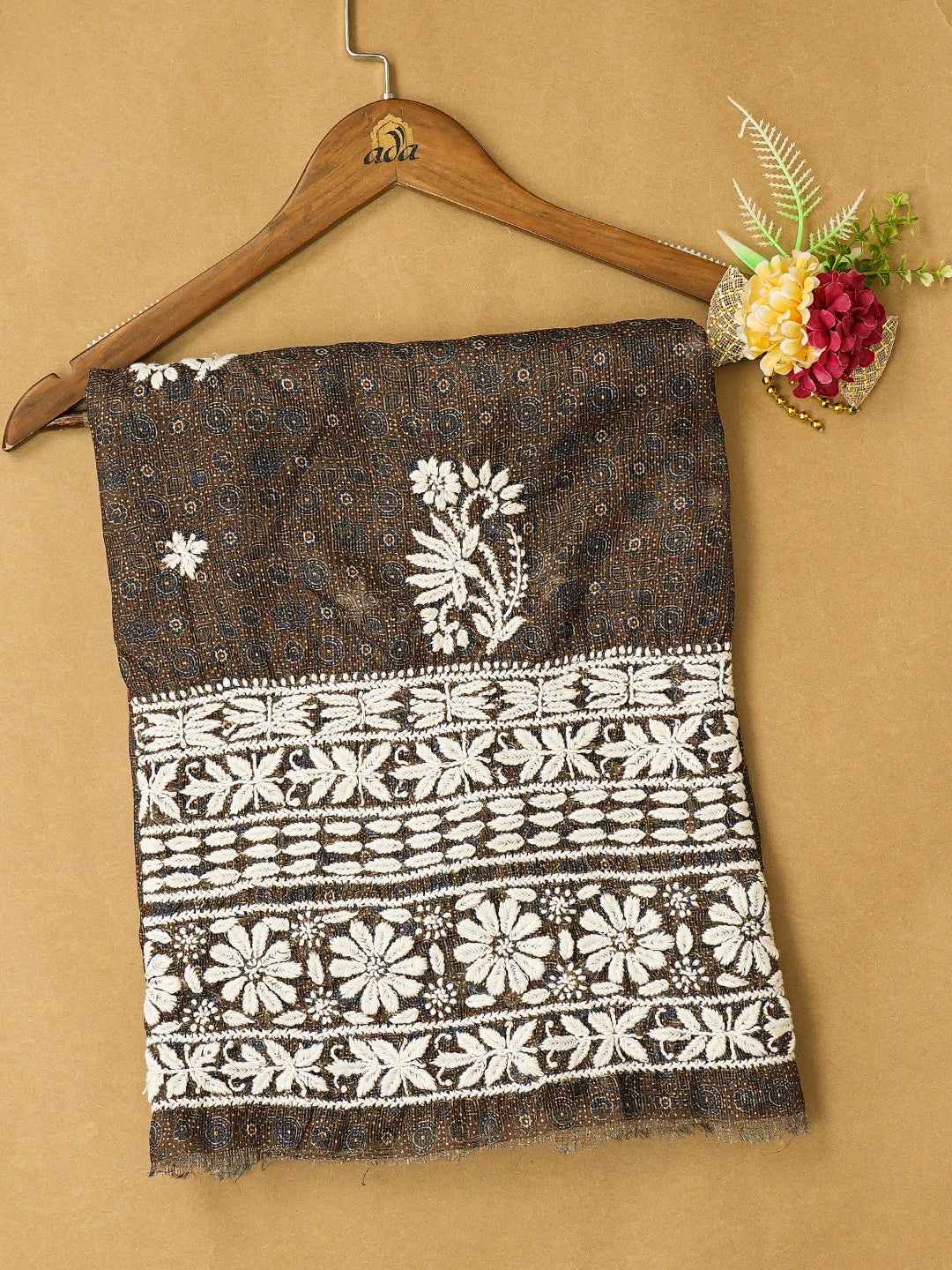 Ada Hand Embroidered Drab Dark Brown Kota Lucknowi Chikankari Unstitched Kurta Piece 01A409902