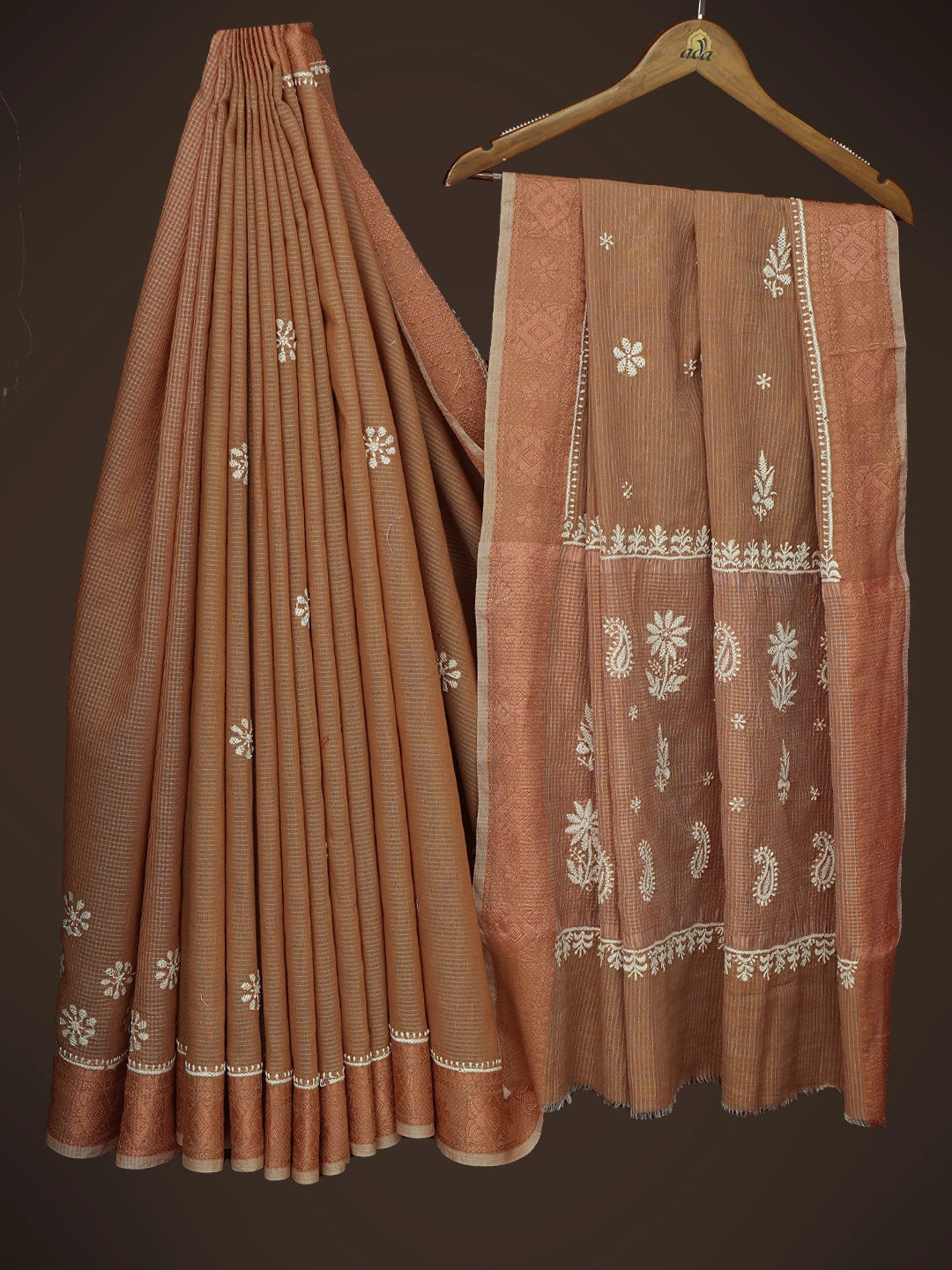 Ada Hand Embroidered Brown Chanderi Lucknowi Chikankari Saree and Blouse 01A729002