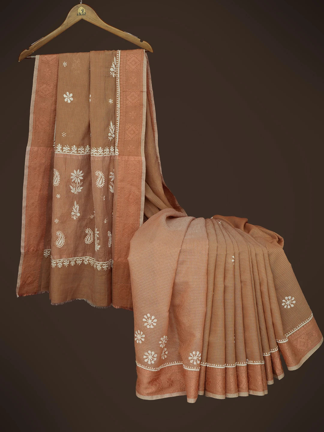 Ada Hand Embroidered Brown Chanderi Lucknowi Chikankari Saree and Blouse 01A729002