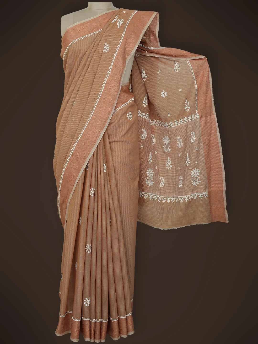 Ada Hand Embroidered Brown Chanderi Lucknowi Chikankari Saree and Blouse 01A729002