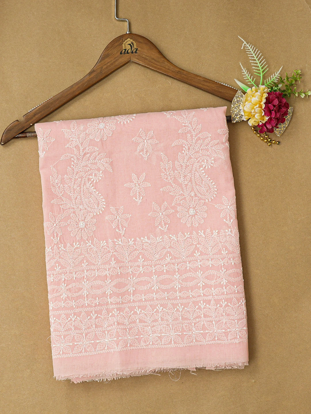 Ada Hand Embroidered Peach Cotton Lucknowi Chikankari Unstitched Kurta Piece 01A734689