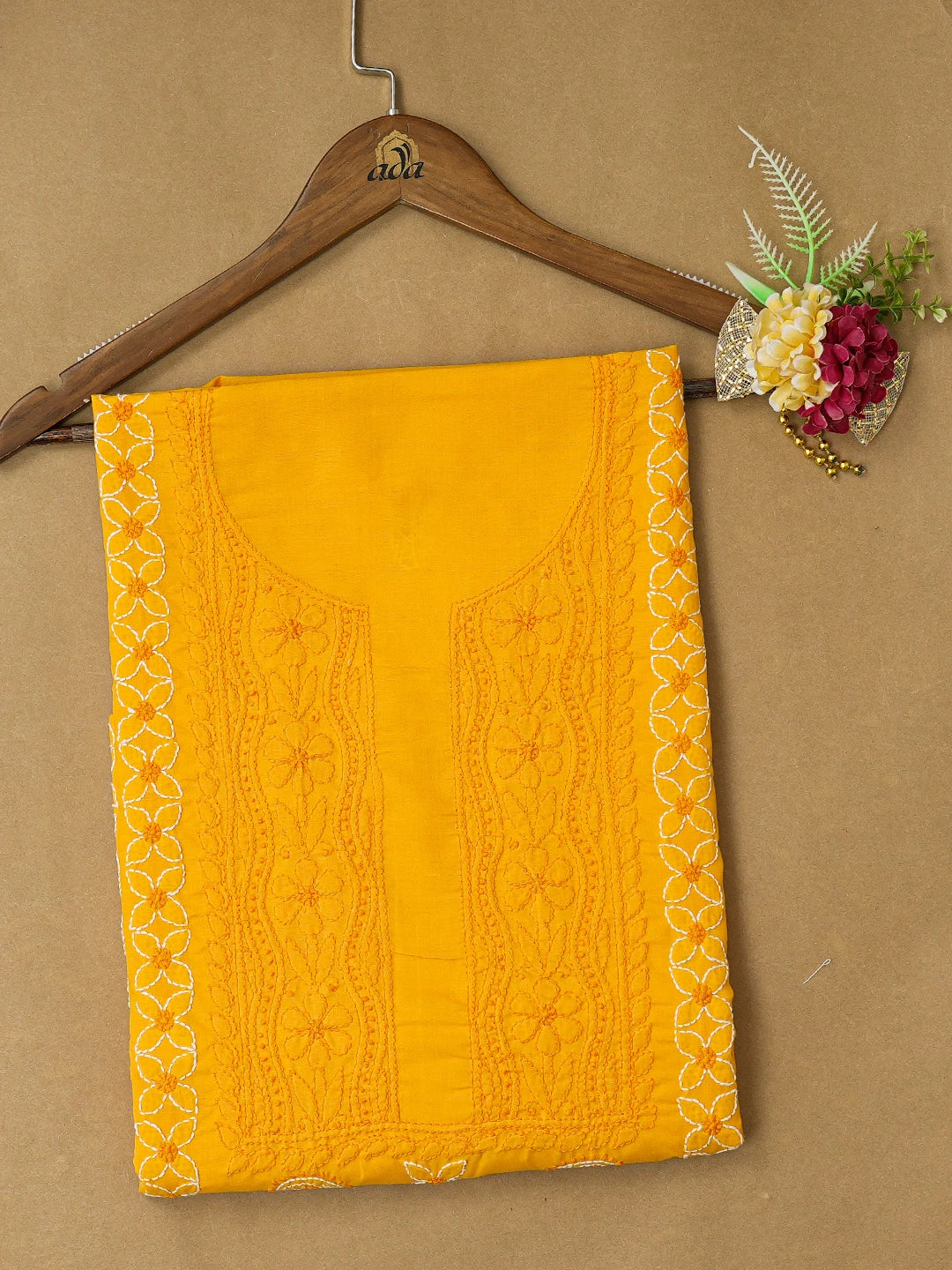 Ada Hand Embroidered Mustard Cotton Lucknowi Chikankari Unstitched Kurta Piece 01A735423