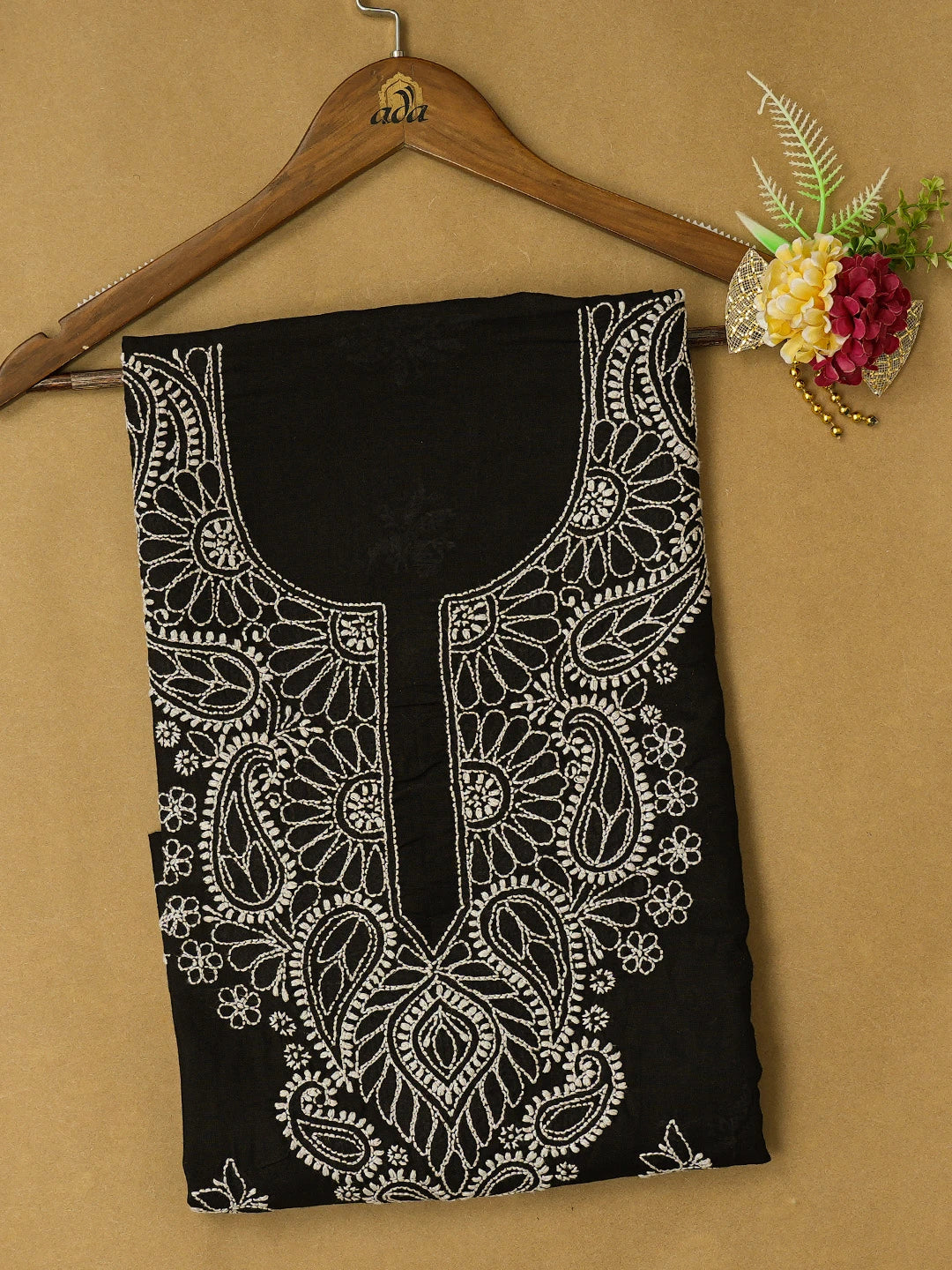 Ada Hand Embroidered Black Cotton Lucknowi Chikankari Unstitched Kurta Piece 01A704114