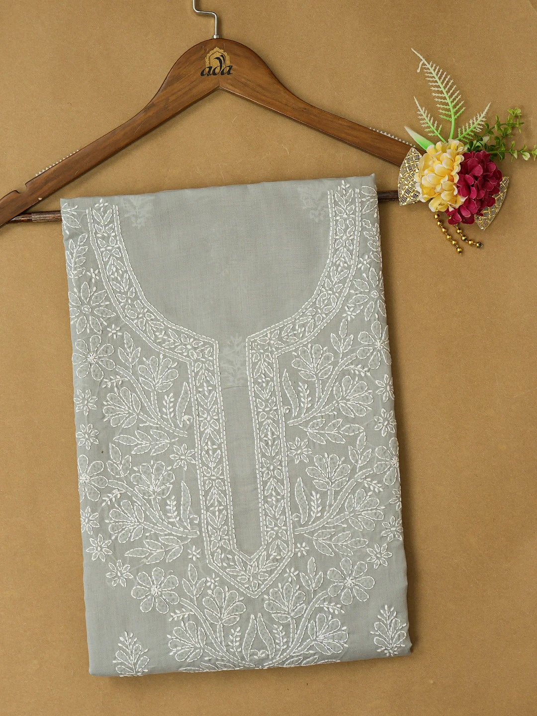 Ada Hand Embroidered Grey Cotton Lucknowi Chikankari Unstitched Kurta Piece 01A712104