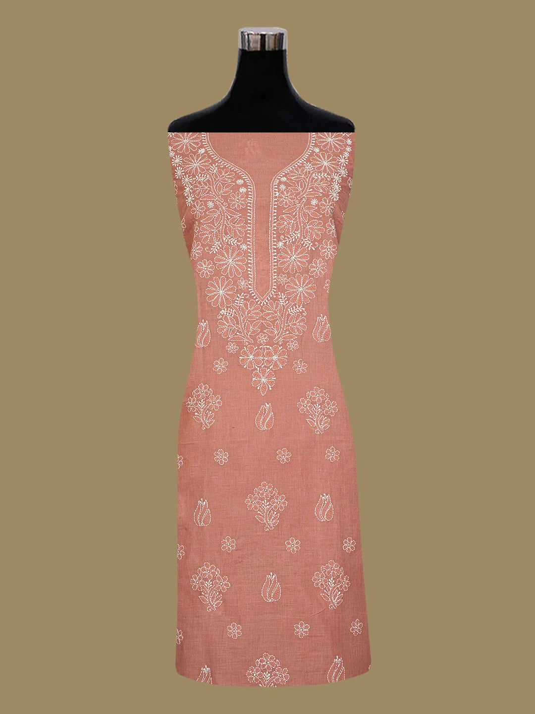 Ada Hand Embroidered Dusty Peach Cotton Lucknowi Chikankari Unstitched Kurta Piece 01A704029