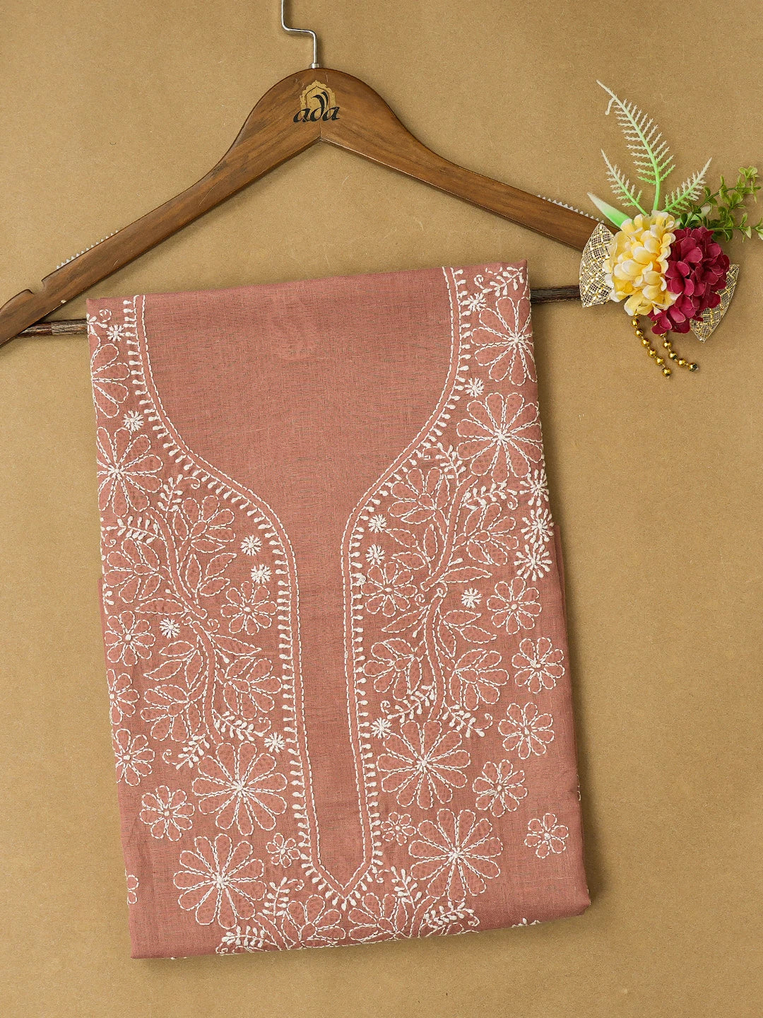 Ada Hand Embroidered Dusty Peach Cotton Lucknowi Chikankari Unstitched Kurta Piece 01A704029